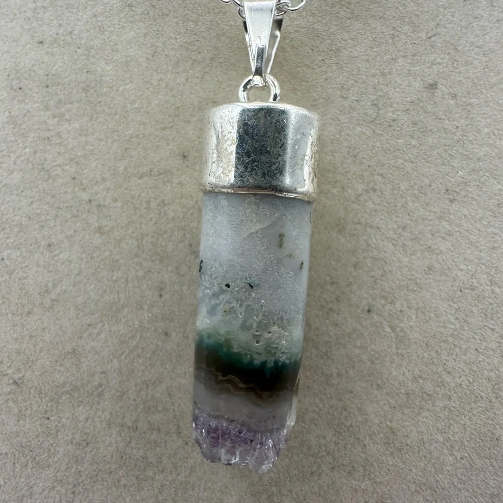 Amethyst and Agate Cylinder Pendant on Box Chain